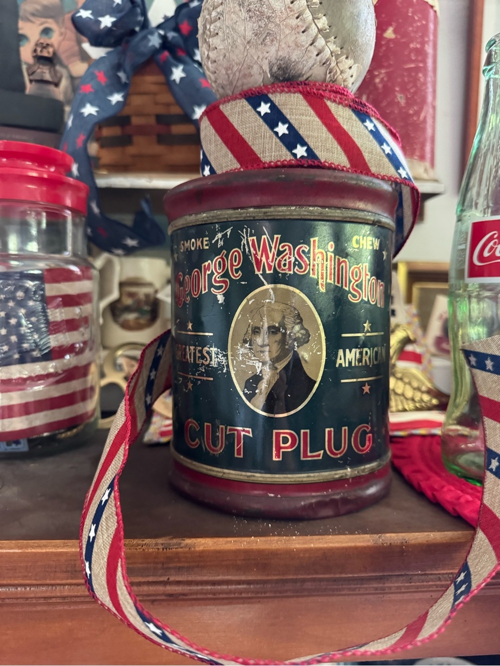 Vintage George Washington Cut Plug Tobacco Can in Green and Red